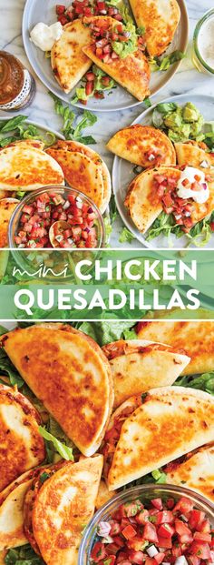 chicken quesadillas with salsa and lettuce on the side, served in bowls