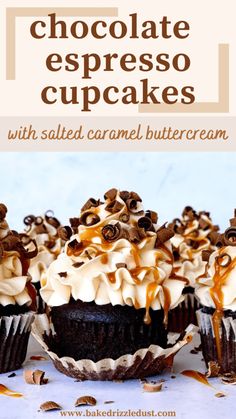 chocolate espresso cupcakes with salted caramel buttercream on top