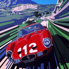 a painting of a red sports car driving down a road with mountains in the background