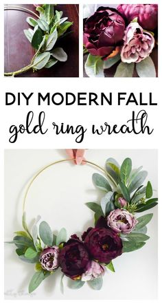 the instructions for how to make a diy modern fall gold ring wreath with flowers