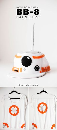 an orange and white star wars shirt with the bb - 8 hat on it's back