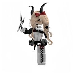 a lego figurine is holding two knives and a knife in one hand with horns on it