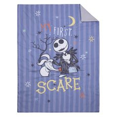 a blue and white blanket with the words, my first scare