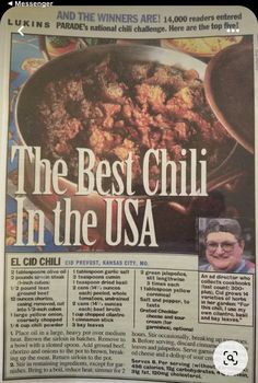 a newspaper article with an image of the best chili in the usa on it's front page