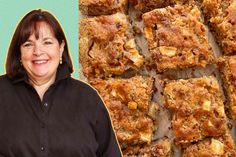 a woman standing in front of a tray of desserts and a photo of her