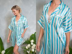 Vintage 90s Blue Striped nightgown lingerie midi  Oversize fit Buttons up the front Measurements- Estimated Size: Small/Medium/Large Bust: 42" Waist : 42" Hips: --- Length: 33" Sleeve: 11" Model is 5'9 and measures 32/25/34 Summer Nightgown For Pajama Party With Relaxed Fit, Relaxed Fit Summer Nightgown For Pajama Party, Blue Short Sleeve Sleepwear For Summer, Green Summer Sleepwear For Pajama Party, Green Sleepwear For Summer Pajama Party, Green Short Sleeve Summer Nightgown, Summer Short Sleeve Nightgown For Pajama Party, Blue Short Sleeve Sleepwear For Spring, Green Short Sleeve Sleepwear For Spring