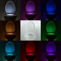 six different colors of the same toilet with their lids down and one light turned on