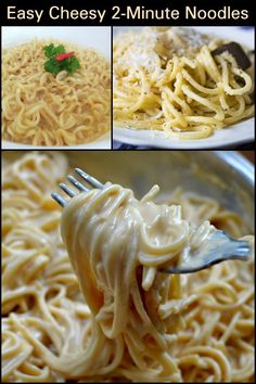 four pictures show different types of noodles and sauces, with the words easy cheesy 2 - minute noodles