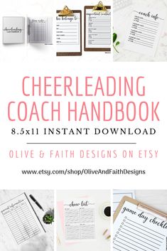 the printable cheerleadering coach's workbook is shown in pink and white