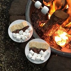 two plates with marshmallows on them sitting next to an open fire