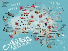 an illustrated map of australia with all the main attractions and places to see on it