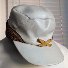 1940s/1950s Leather Winter Trapper Hat. Excellent Vintage Condition. White Leather With Brown Knitted Ribbed Ear Flaps That Fold Down. Two Layers Of Optional Ear Flaps For Cold Weather. 7 1/4 Hat Size Leather Hat, Trapper Hat, Trapper Hats, Leather Hats, Hat Sizes, Vintage Accessories, White Leather, White Vintage, Cold Weather