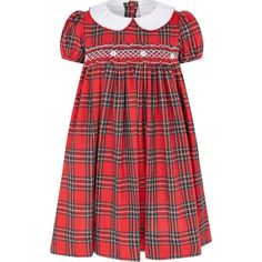 New! The adorable Little Princess Lana hand smocked and embroidered red plaid baby dress is perfect for special occasions, Christmas and the holidays. An original British classic, designed exclusively by Holly Hastie, perfect for every occasion whether it be a celebration or everyday dressing. The white collar is edged with delicate hand embroidery. The hand smocked bodice is embroidered with flowers and geometric design for a contemporary classic look. The tie bow back details creates a perfect Vintage Christmas Dress, Plaid Baby, Girl Trends, Hand Smock, Bow Back, Tie Bow, Contemporary Classic, Christmas Dress, 50's Dress