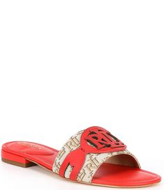 Leather Monogram, Yellow Sandals, Jacquard Fabric, Slide Sandals, Lauren Ralph Lauren, Slip On Sandal, Leather Upper, Faux Leather, Ralph Lauren