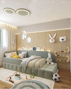 a child's bedroom is decorated in neutral colors