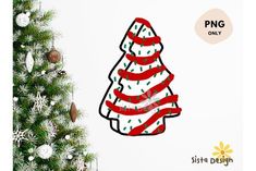 a christmas tree with red and white ribbon on it, next to snowflakes