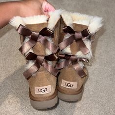 Brand: Ugg Style: Bailey Now Color: Chestnut Condition: Worn Once / Perfect Condition Ugg Boots Aesthetic, Aesthetic Uggs, Bow Uggs, Cute Uggs, Uggs With Bows, Ugg Bailey Bow, Pretty Sneakers, Mike Williams, Girly Outfit