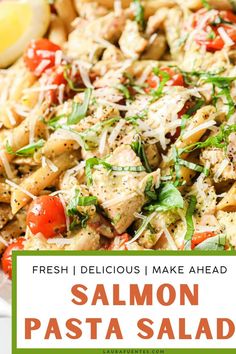 pasta salad with salmon, cherry tomatoes, and parmesan cheese Pasta Salad With Pesto, Salmon Pasta Salad, Summer Salmon, Pasta Salad Salmon, Salmon Pasta Recipes, Salmon Pasta, Summer Meal, Salmon Salad