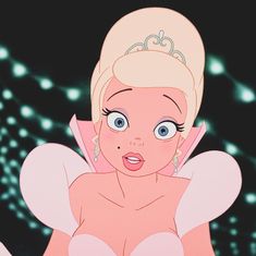 an animated image of a woman with big blue eyes and blonde hair wearing a pink dress