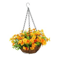 a hanging basket filled with yellow and orange flowers