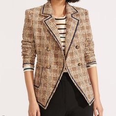 Veronica Beard Theron Blazer In Sold Out Color Brown Multi - A Gorgeous Brown And Tan Tweed Blazer With Navy Piping, Brand New With Tags Beige Tweed Blazer For Fall, Fall Beige Tweed Blazer, Designer Tweed Blazer For Workwear, Beige Tweed Jacket For Work, Chic Brown Tweed Blazer, Designer Tailored Tweed Jacket For Fall, Designer Tailored Tweed Jacket, Designer Fitted Tweed Blazer, Veronica Beard Blazer