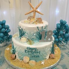 a blue and white birthday cake decorated with seashells, sand and starfish