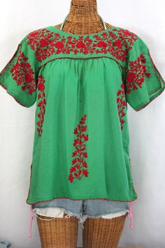 Siren's "La Lijera" Embroidered Split Sleeve Peasant Blouse in Green with Red Embroidery. #peasant Red Embroidery, Vintage Boho