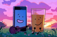 two cell phones with faces on them, one holding a guitar and the other playing an instrument