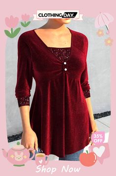 Wine Red Sequin Long Sleeve T Shirt Fitted Red T-shirt For Fall, Red Short Sleeve Tops For Winter, Burgundy Short Sleeve Top For Fall, Solid Color Party Tops For Winter, Red Short Sleeve Holiday Top, Red Short Sleeve Top For Holidays, V-neck Tops For Fall Holiday, V-neck Tops For Holiday In Fall, Red Tops For Fall Holiday