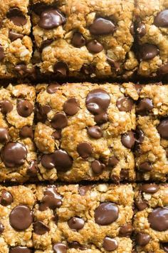 chocolate chip oatmeal cookie bars stacked on top of each other in rows