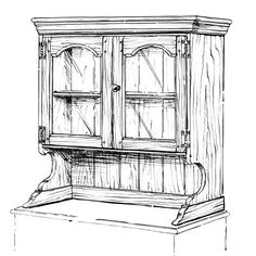 an old wooden cabinet with glass doors on the top and bottom, hand drawn in black ink