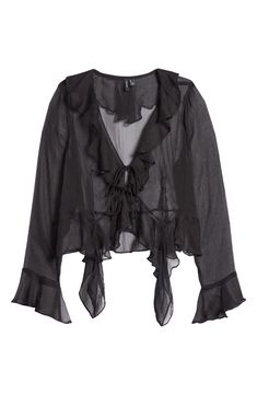 Floaty ruffles romance this soft chiffon top that's destined for date night. 18" length (size Medium) Ties at front V-neck Long sleeves 100% recycled polyester Machine wash, tumble dry Imported Sheer Summer Top, Black Chiffon Top, Black Chiffon Blouse, Open Blouse, Black Sheer Top, Ruffle Shirt, Chiffon Ruffle, Flounce Sleeve, Front Tie Top