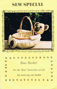 a teddy bear sitting in a basket on top of a wooden table with the words sew special written below it