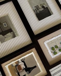 four framed pictures are hanging on the wall in a room with striped walls and flooring