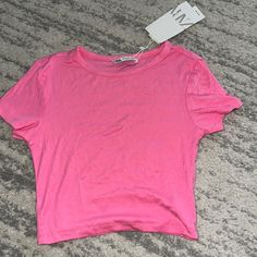 Never Worn, Has Tags On It, Adorable Cropped Tee Shirt Pink Casual Crop Top T-shirt, Zara Pink Casual T-shirt, Basic Pink Cropped T-shirt, Casual Pink Crop Top T-shirt, Pink Fitted Cotton T-shirt, Spring Casual Cropped T-shirt, Spring Casual Cropped Fitted T-shirt, Casual Fitted Cropped T-shirt For Spring, Zara Trendy Crew Neck Crop Top