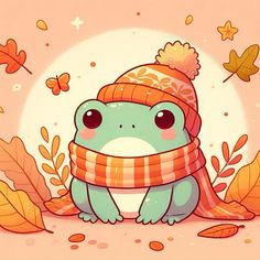 a cute little frog wearing a knitted hat and scarf with autumn leaves around it