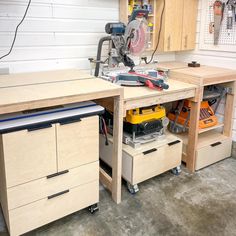 a workbench with drawers and tools in it