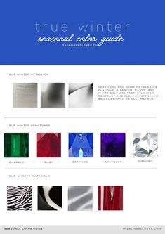 the true winter seasonal colors guide is shown in blue and white, with different shades