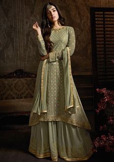 8602 Green Pakistani Suit, Wedding Salwar Kameez, Lehenga Suit, Pakistani Suit, Green Lehenga, Lehenga Style, Sharara Suit, Designer Anarkali, Neck Deep