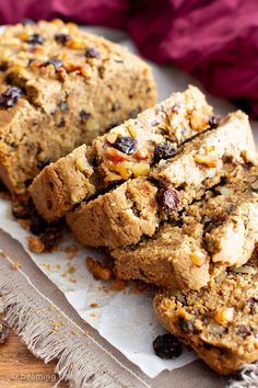 two slices of fruit and nut bread on a plate