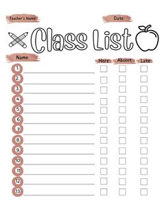 a printable class list with numbers and an apple