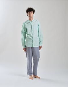 100% Linen Regular Fit Stand Collar Button Down Long Sleeve Shirt.  Pre Shrunk fabric ensures a perfect fit.  Easy Care. Green Casual Button-up Dress Shirt, Casual Green Button-up Dress Shirt, Casual Buttoned Shirt For Loungewear, Spring Loungewear Shirt With Button Closure, Casual Loungewear Shirt, Green Shirt With Button Cuffs And Relaxed Fit, Collared Shirt With Buttons For Loungewear, Casual Summer Dress Shirt With Button Cuffs, Green Relaxed Fit Shirt With Button Cuffs