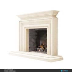 a white fireplace with a fire in it