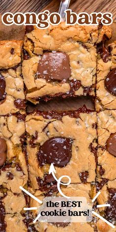 chocolate chip cookie bars on a wooden table with text overlay that says, the best cookie bars