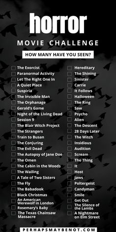 the horror movie challenge is shown in black and white, with birds flying over it