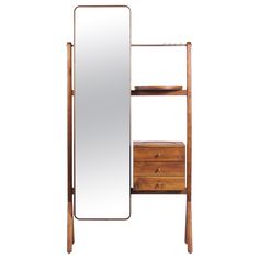 a wooden shelf with a mirror and two drawers