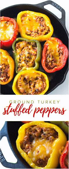 ground turkey stuffed peppers in a cast iron skillet with text overlay that reads ground turkey stuffed peppers