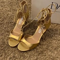 Nwt Diane Von Furstenberg Gold Leather Lace Up Open Toe Shoes Size 8 Lace-up Party Heels With Removable Insole, Gold Lace-up Heels For Formal Occasions, Tall Heeled Boots, Red Suede Heels, Woven Leather Sandals, White Espadrilles, Woven Sandals, Slingback Shoes, Leather Espadrilles