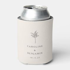 a white can cooler with a palm tree on it's label that says, carolina and benamin