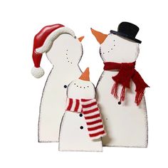 two snowmen wearing hats and scarves are standing next to each other on a white background